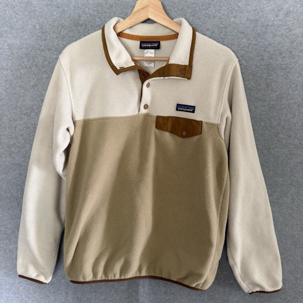 Patagonia Sweater Womens Medium White Tan Synchilla Snap-T Fleece Pullover